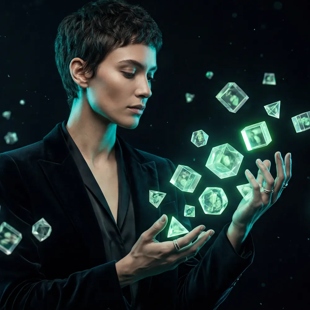 AI-generated image of a woman in a black velvet blazer holding glowing green glass crystals